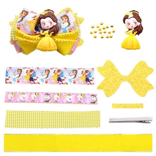 Yellow Princess DIY Ribbon & Faux Leather Hair Bow Kit That Makes One 4.25 inch Hair Bow.