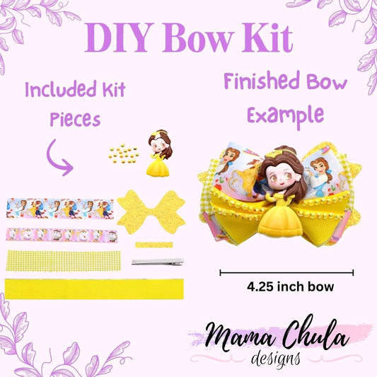 Yellow Princess DIY Ribbon &  Faux Leather Hair Bow Kit That Makes One 4.25 inch Hair Bow.